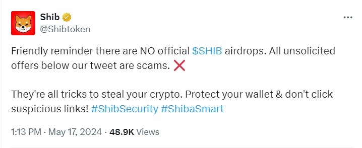 Shiba Inu Scam Warning on X